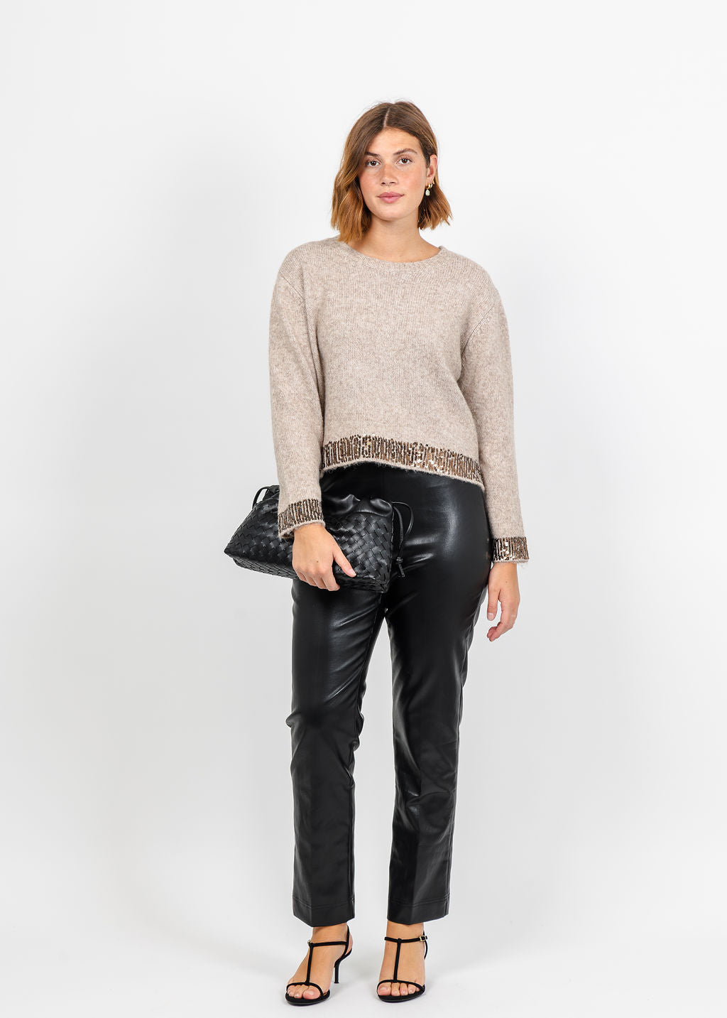 Oui Sequin Trim Pullover Sweater in Light Beige Melange paired with Peace of Cloth Annie Ultra Faux Pant in Black available at Barbara Katz
