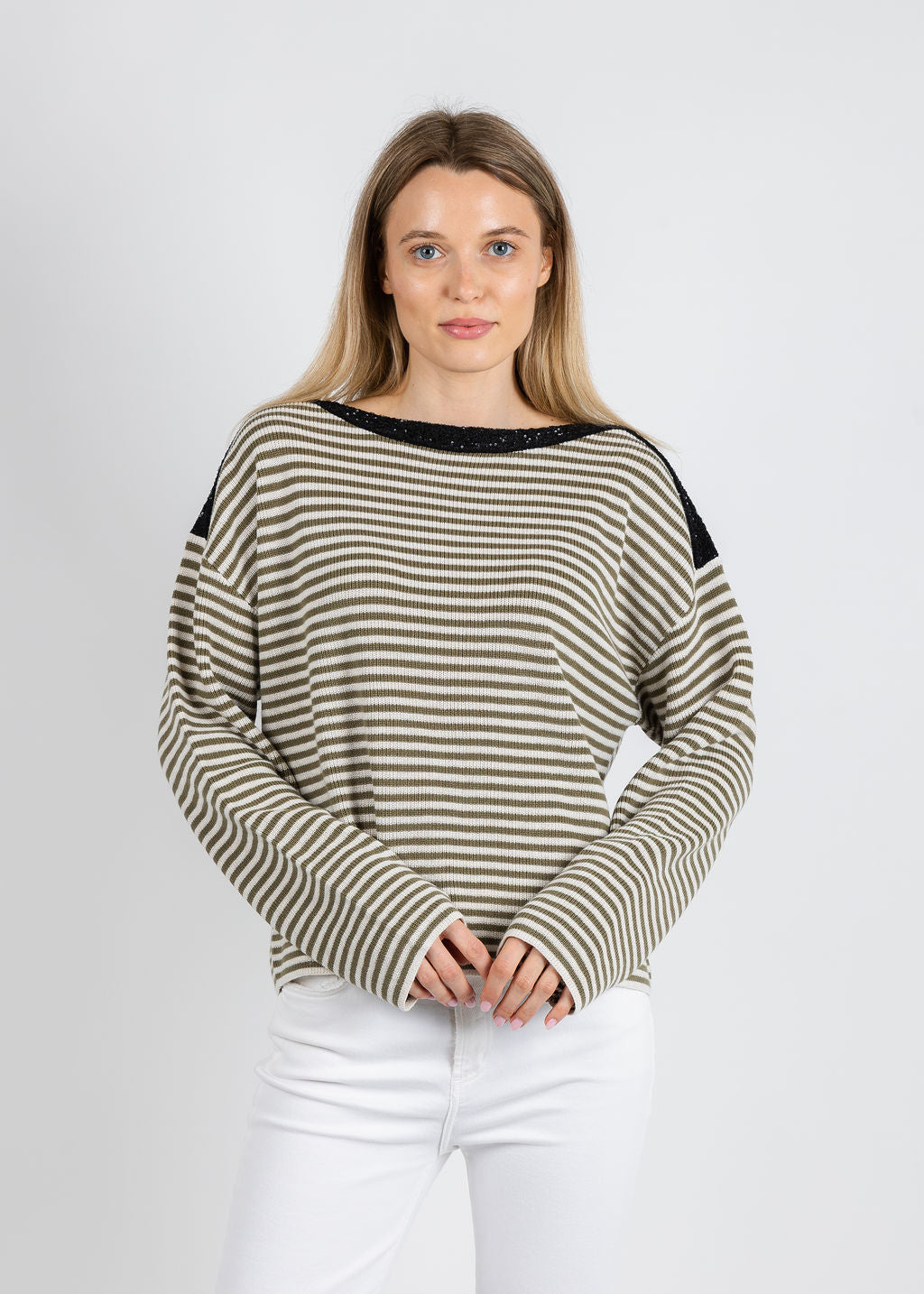 Oui Sequin Trim Stripe Sweater in White Green available at Barbara Katz