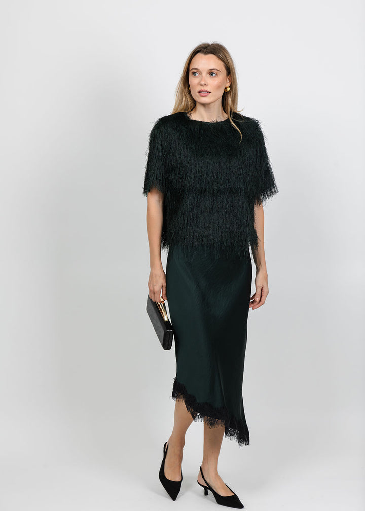 Oui Fringe Top and Silk/Lace Skirt in Scarab available at Barbara Katz