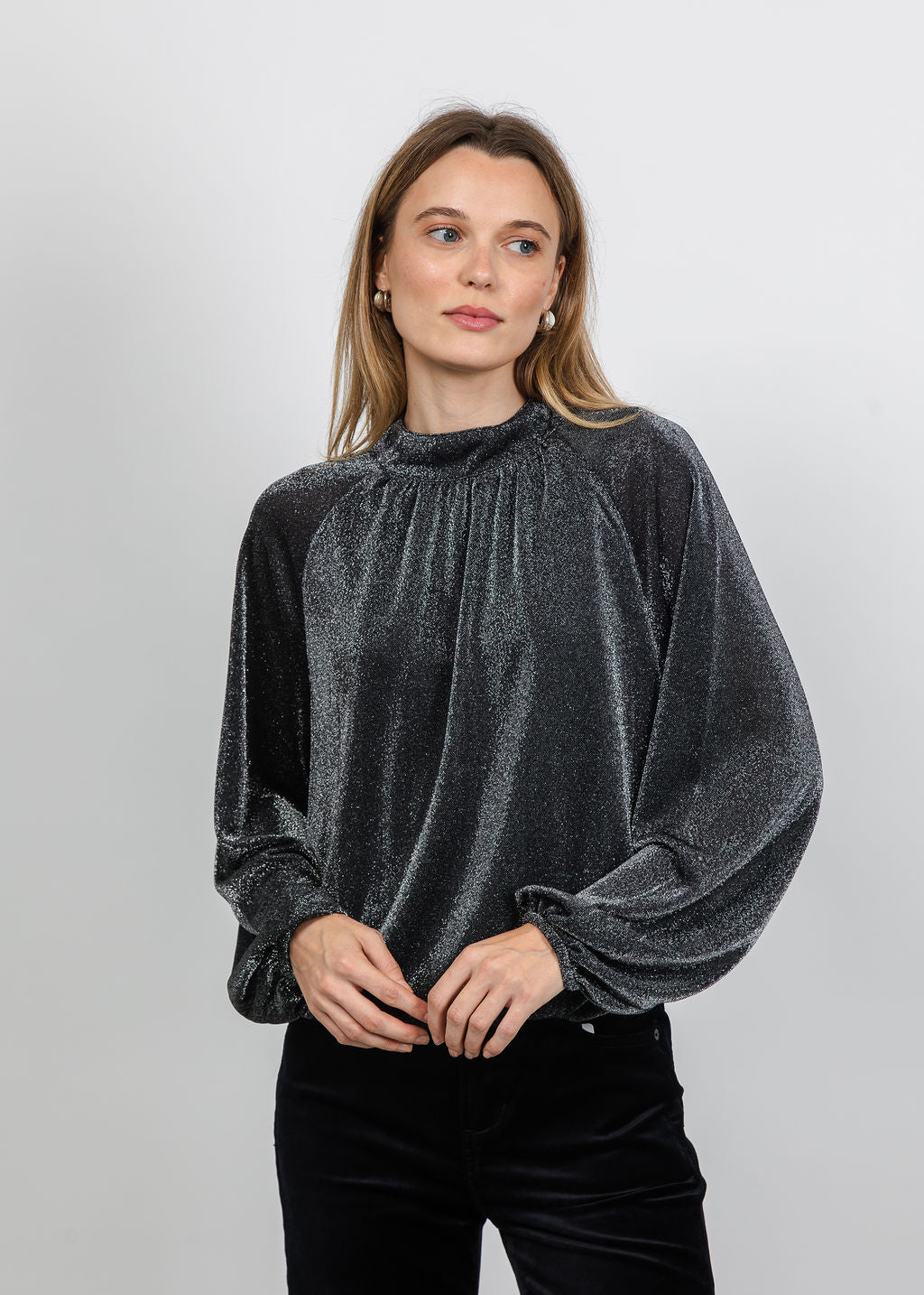 Oui Silver Shimmer Blouse in Silver Black available at Barbara Katz