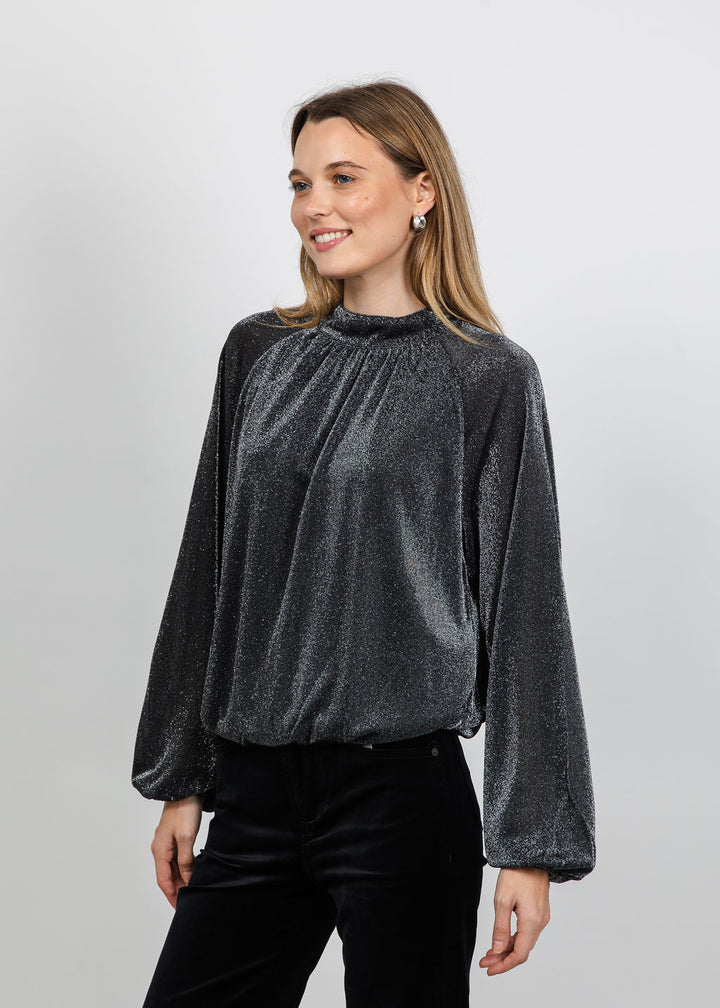 Oui Silver Shimmer Blouse in Silver Black available at Barbara Katz
