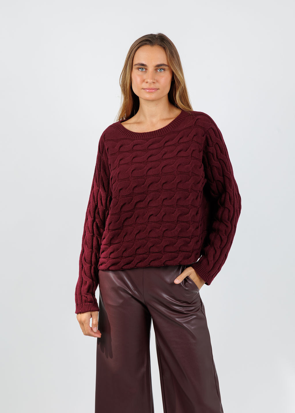 Oui Sirah Cable Crew Neck Pullover in Bramble Berry available at Barbara Katz