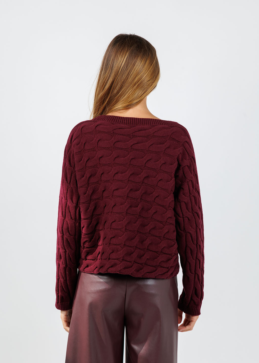 Oui Sirah Cable Crew Neck Pullover in Bramble Berry available at Barbara Katz