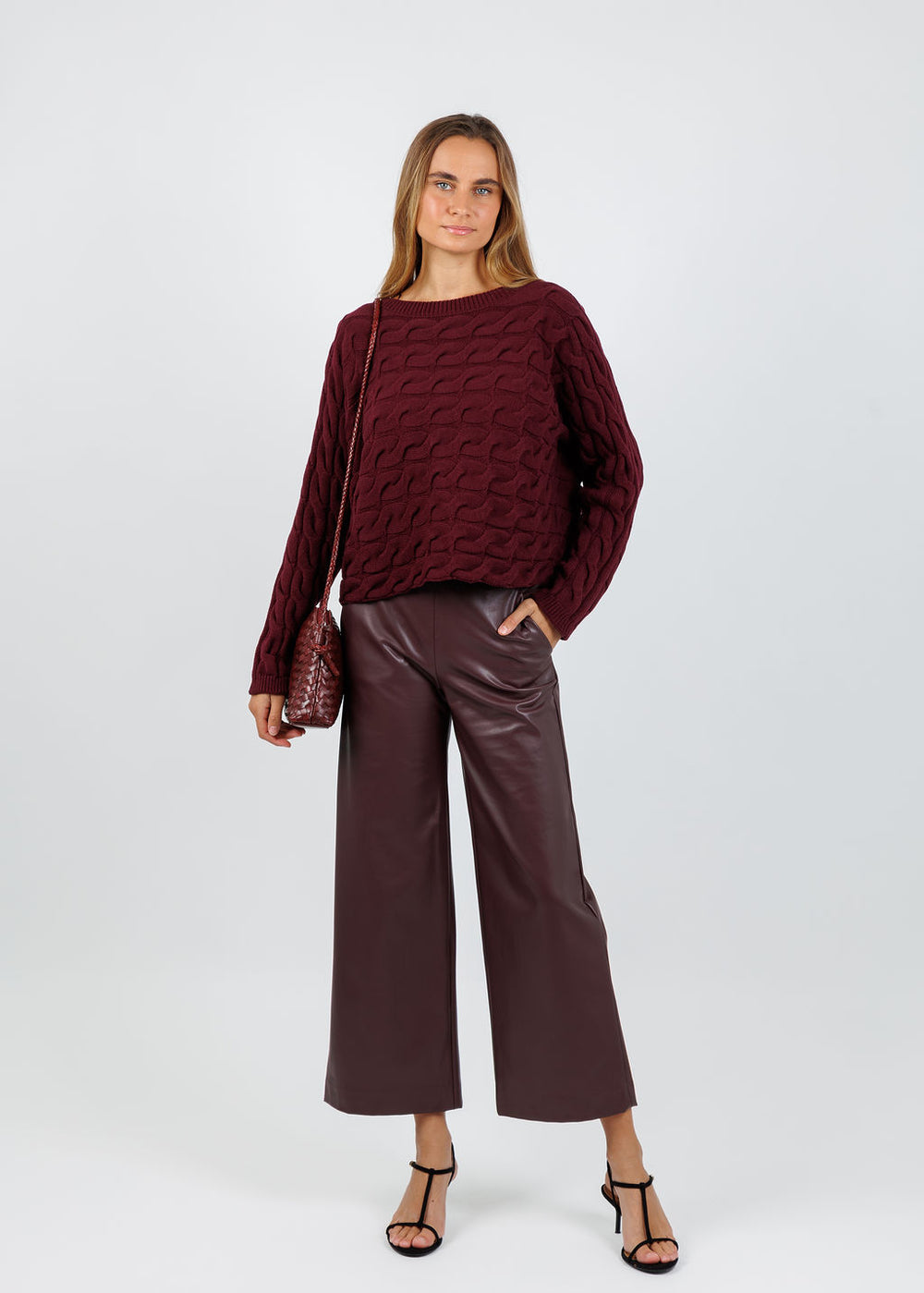 Oui Sirah Cable Crew Neck Pullover in Bramble Berry available at Barbara Katz
