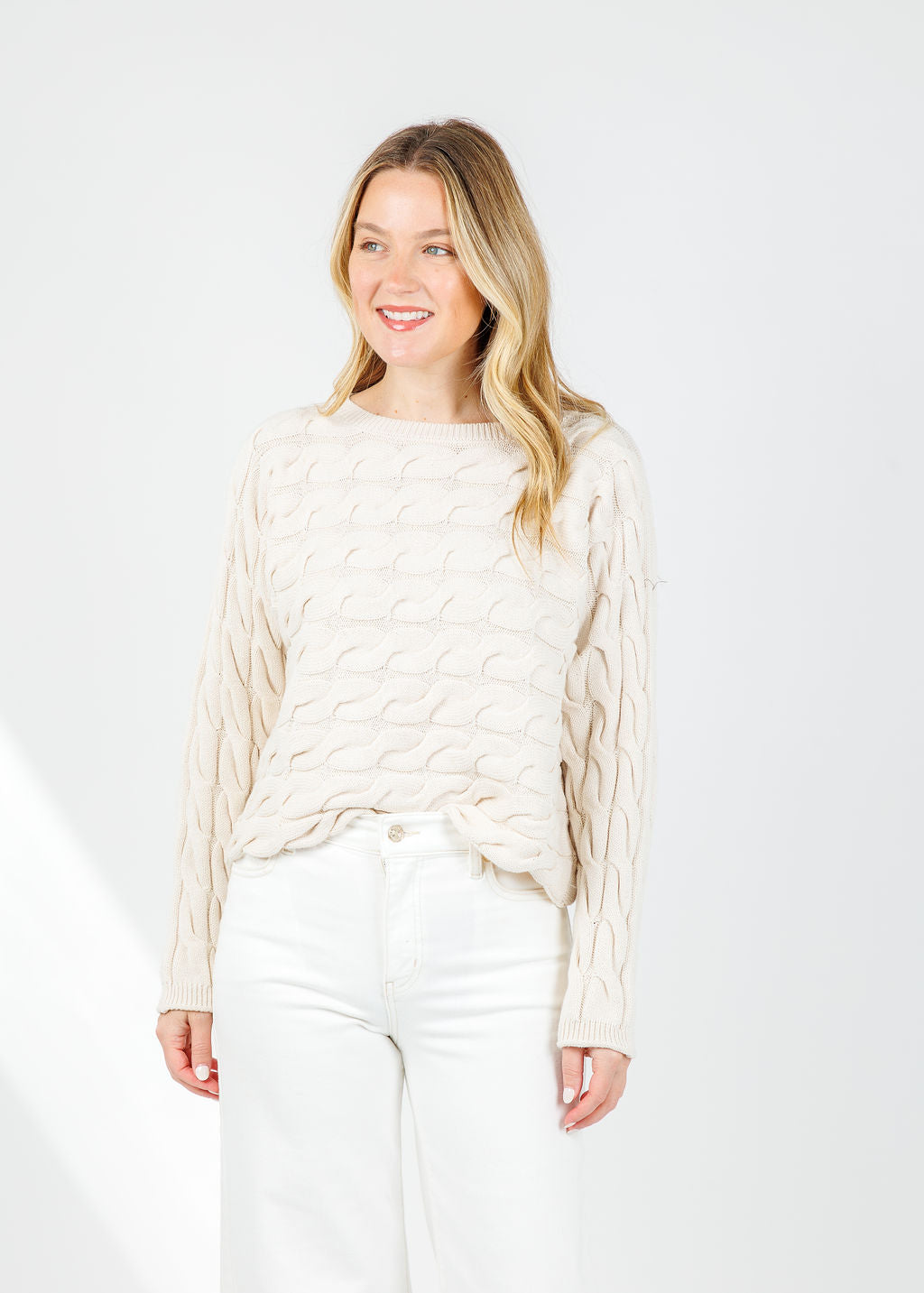 Oui Sirah Cable Crew Neck Pullover in Whitecap Grey available at Barbara Katz