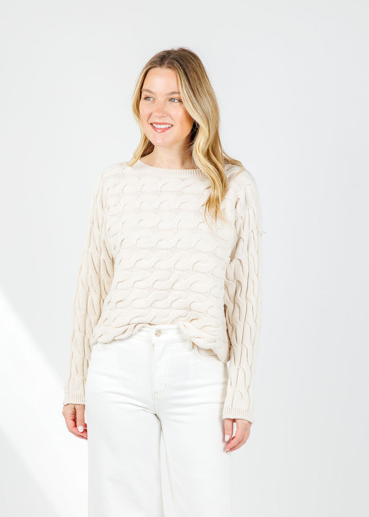 Oui Sirah Cable Crew Neck Pullover in Whitecap Grey available at Barbara Katz
