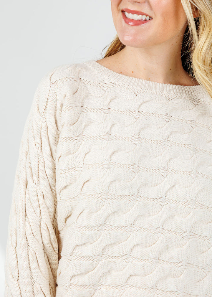 Oui Sirah Cable Crew Neck Pullover in Whitecap Grey available at Barbara Katz