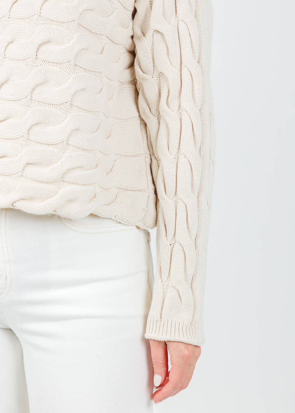 Oui Sirah Cable Crew Neck Pullover in Whitecap Grey available at Barbara Katz