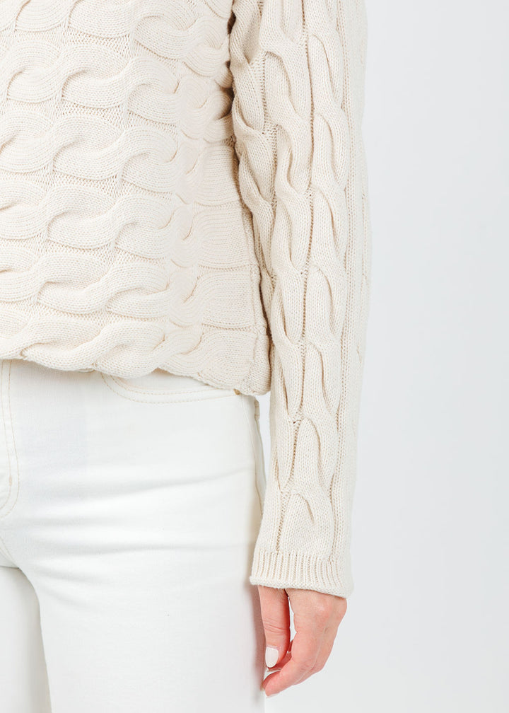 Oui Sirah Cable Crew Neck Pullover in Whitecap Grey available at Barbara Katz