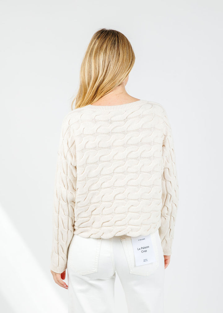 Oui Sirah Cable Crew Neck Pullover in Whitecap Grey available at Barbara Katz