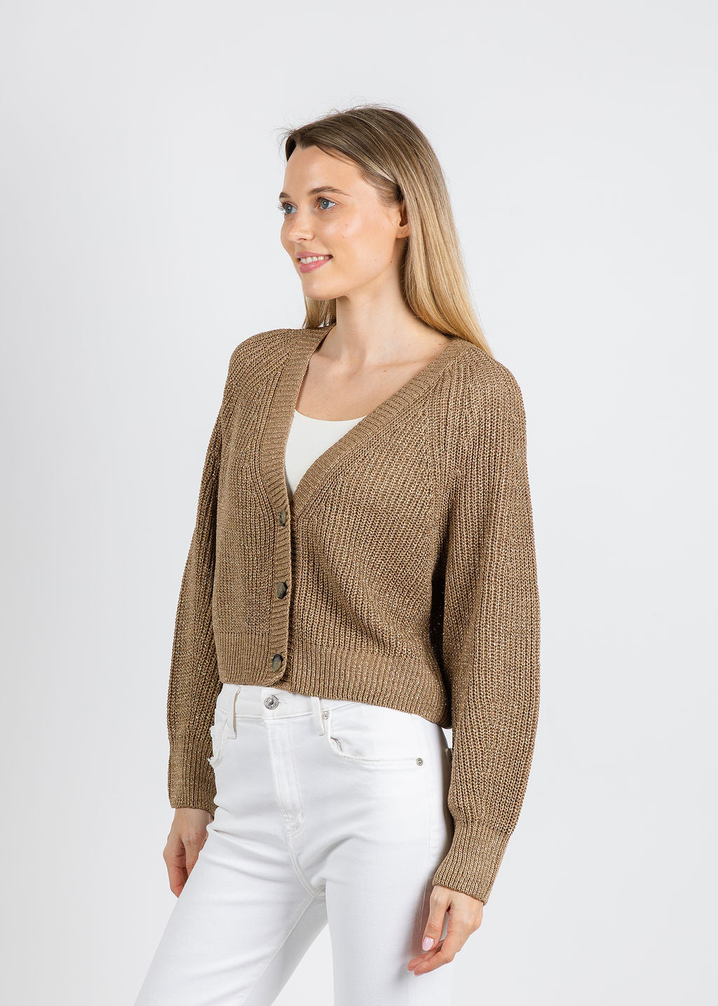 Oui Sparkle Knit Cardigan in Bronze available at Barbara Katz