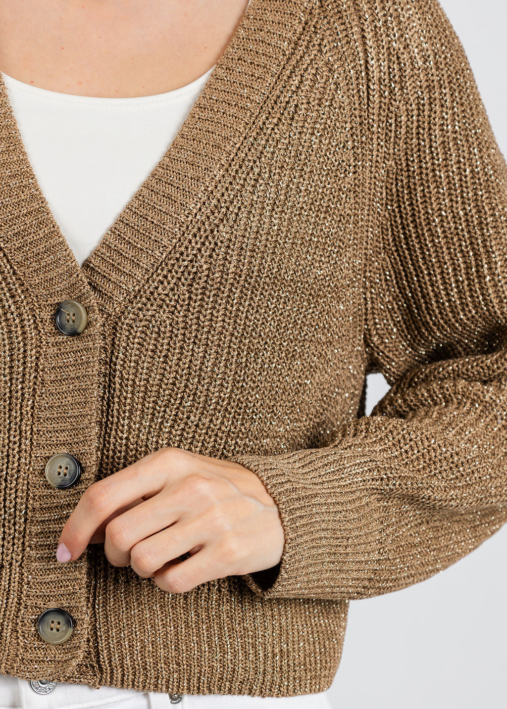 Oui Sparkle Knit Cardigan in Bronze available at Barbara Katz