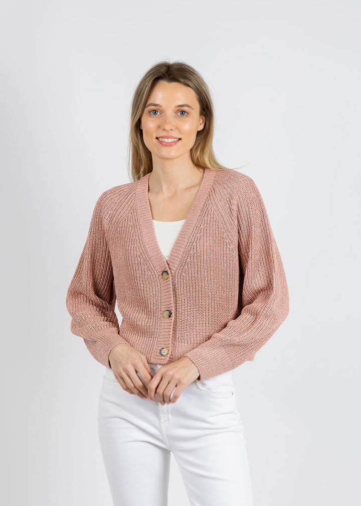 Oui Sparkle Knit Cardigan in Dusty Rose available at Barbara Katz