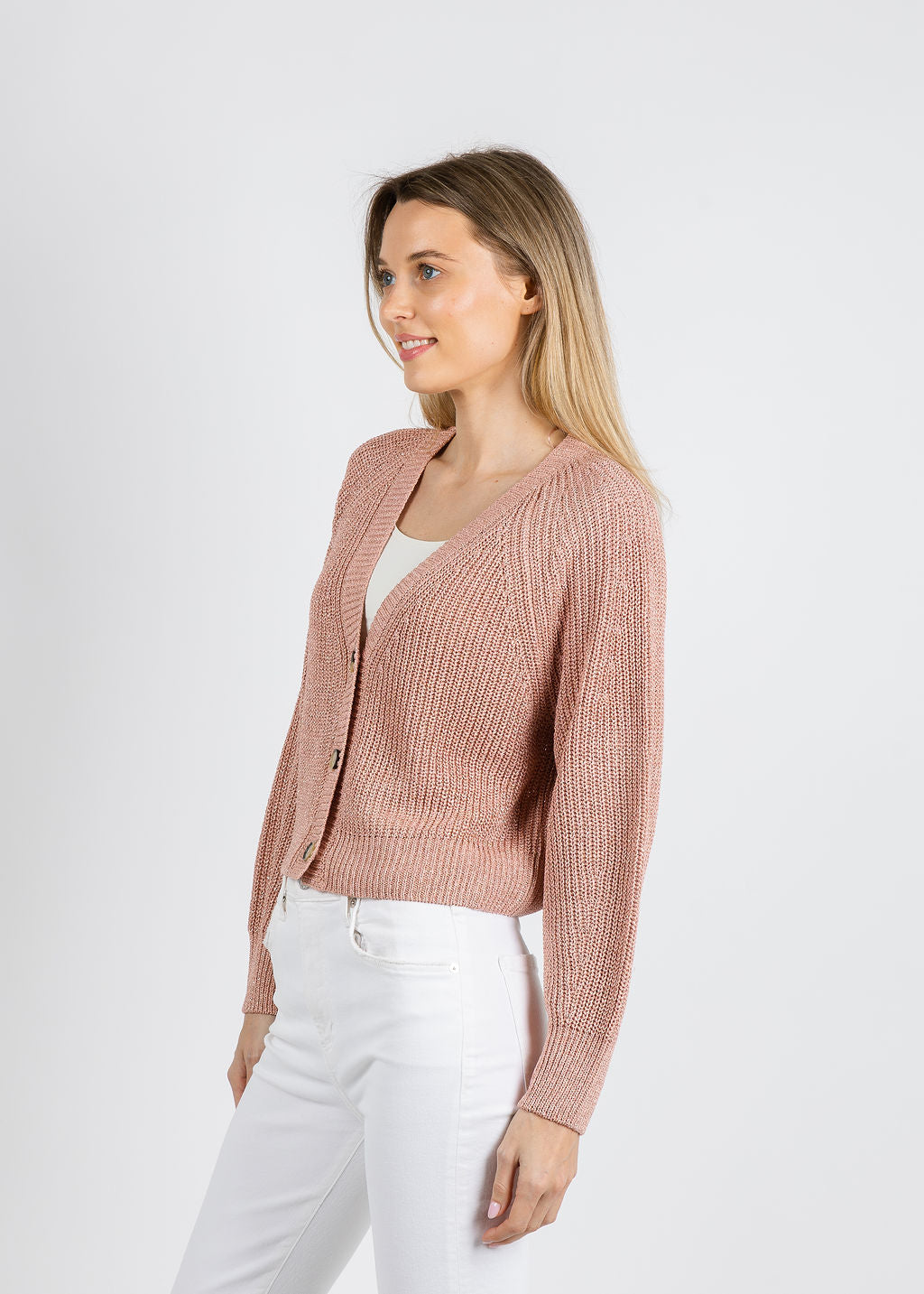 Oui Sparkle Knit Cardigan in Dusty Rose available at Barbara Katz