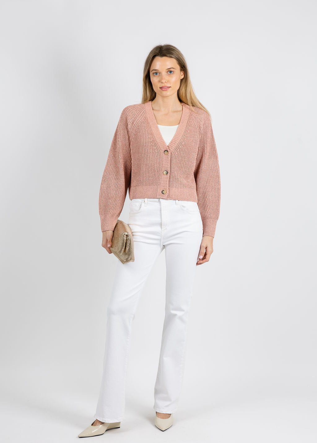 Oui Sparkle Knit Cardigan in Dusty Rose available at Barbara Katz