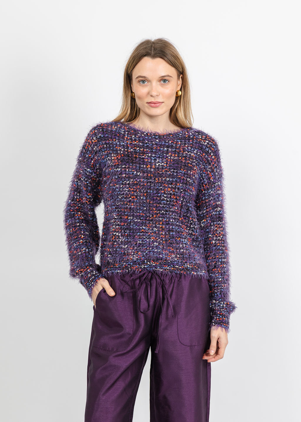 Oui Textured Sweater in Black Violet available at Barbara Katz