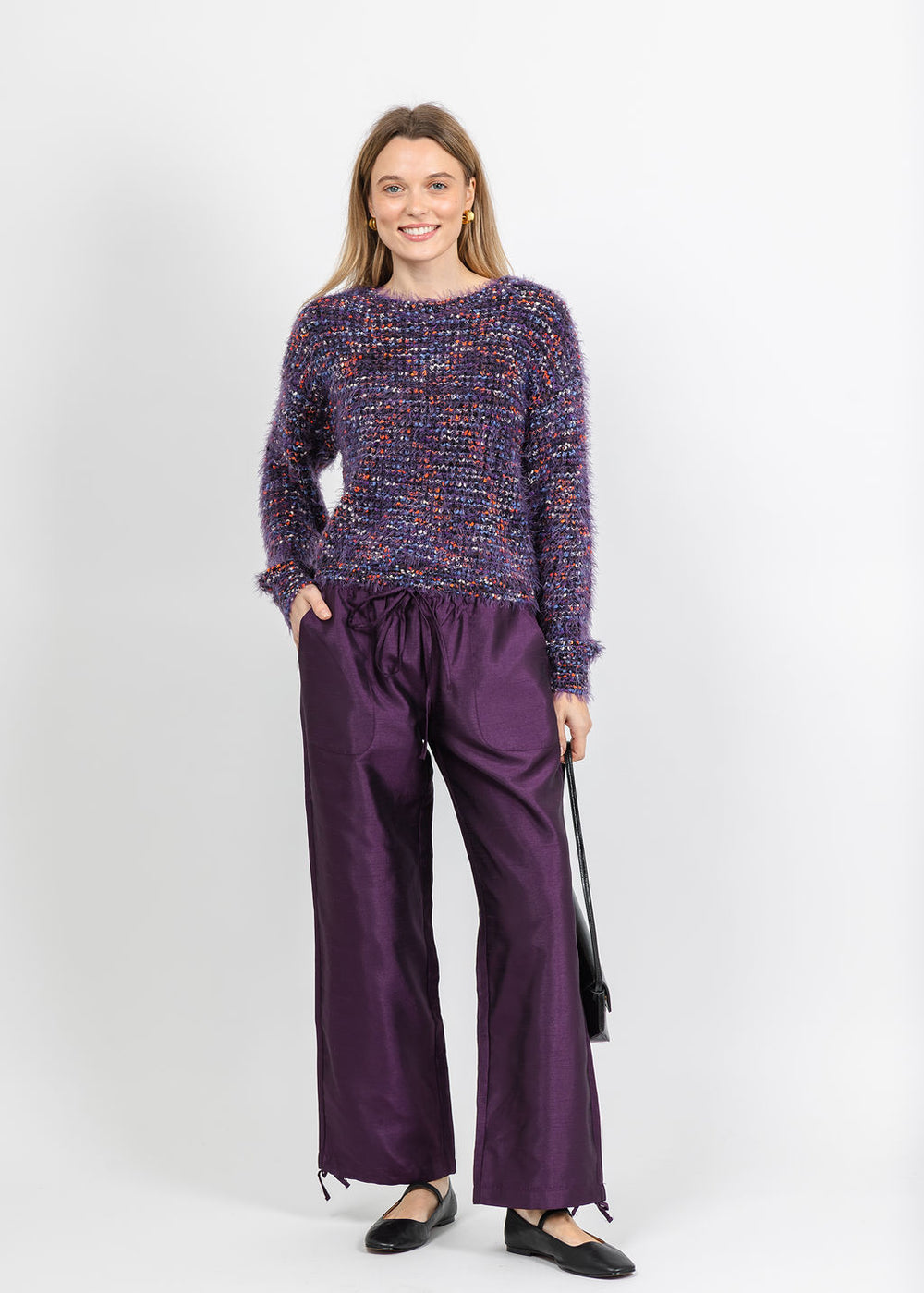 Oui Textured Sweater in Black Violet paired with BK Daphne Taffeta Pants in Plum available at Barbara Katz