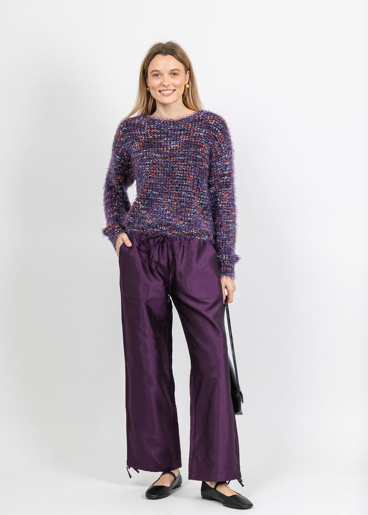 Oui Textured Sweater in Black Violet paired with BK Daphne Taffeta Pants in Plum available at Barbara Katz