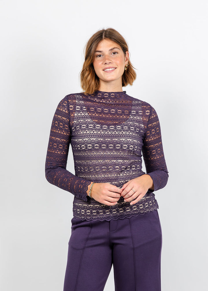 Oui Turtleneck Lace Shirt in Mysterioso available at Barbara Katz