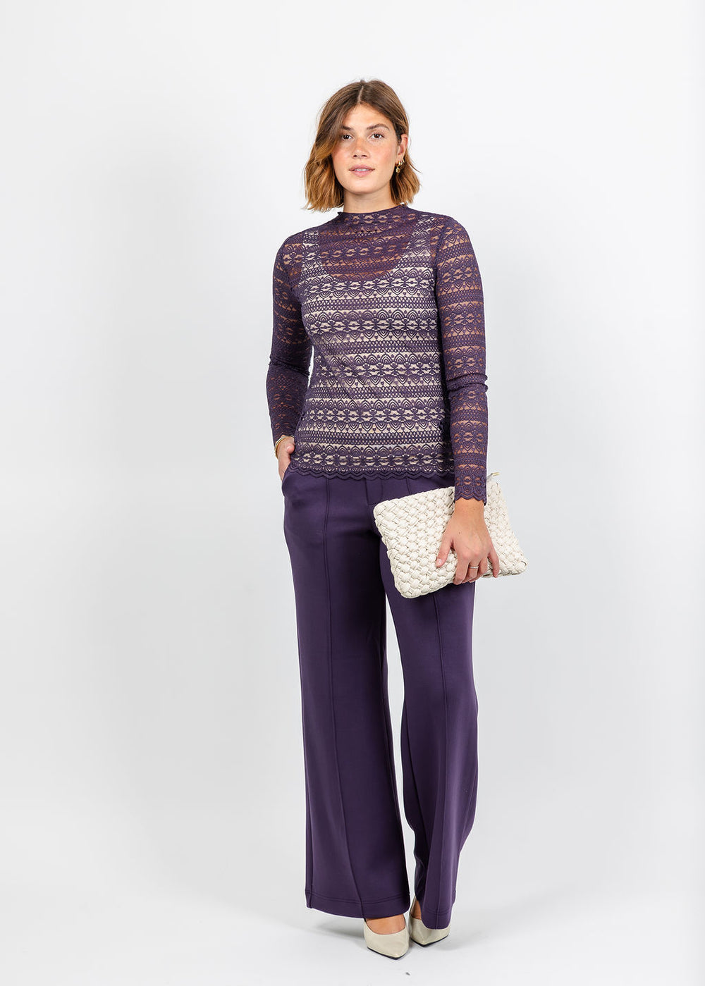 Oui Turtleneck Lace Shirt and Scuba Pull-On Pant in Mysterioso available at Barbara Katz