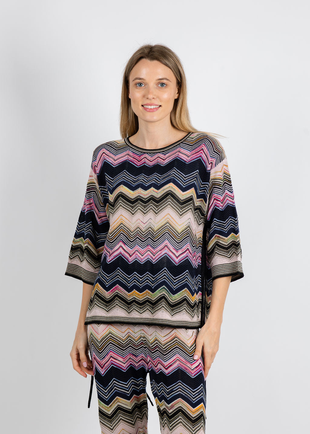 Oui Zig Zag Top in Multi Blue available at Barbara Katz