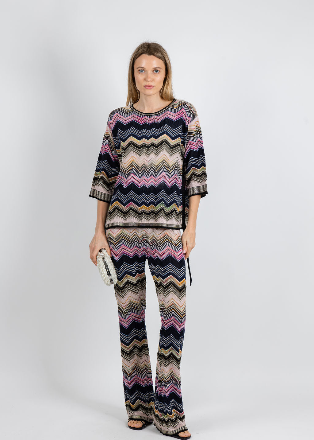 Oui Zig Zag Top & Pants in Multi Blue available at Barbara Katz