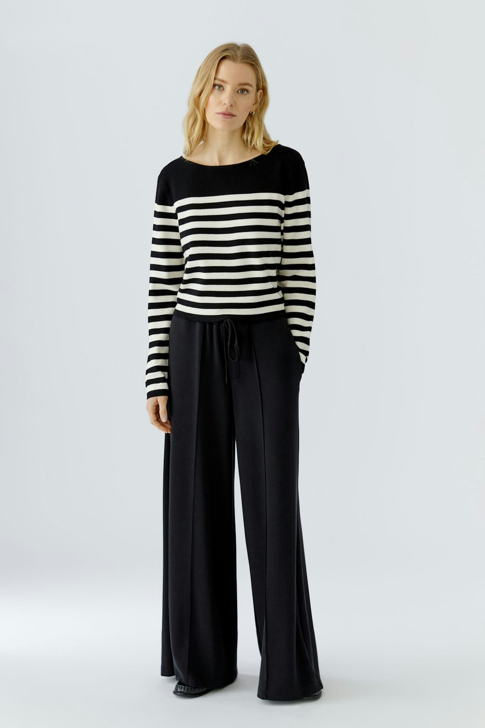 Oui Boat Neck Stripe Sweater in Black/Off White available at Barbara Katz