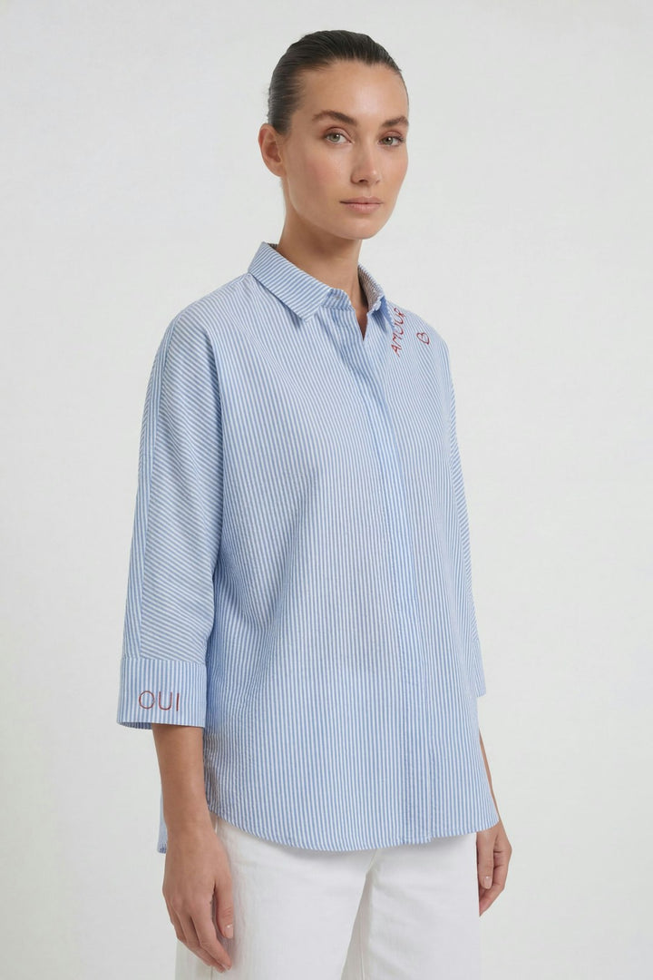 Oui Button Down Shirt in Light Blue available at Barbara Katz