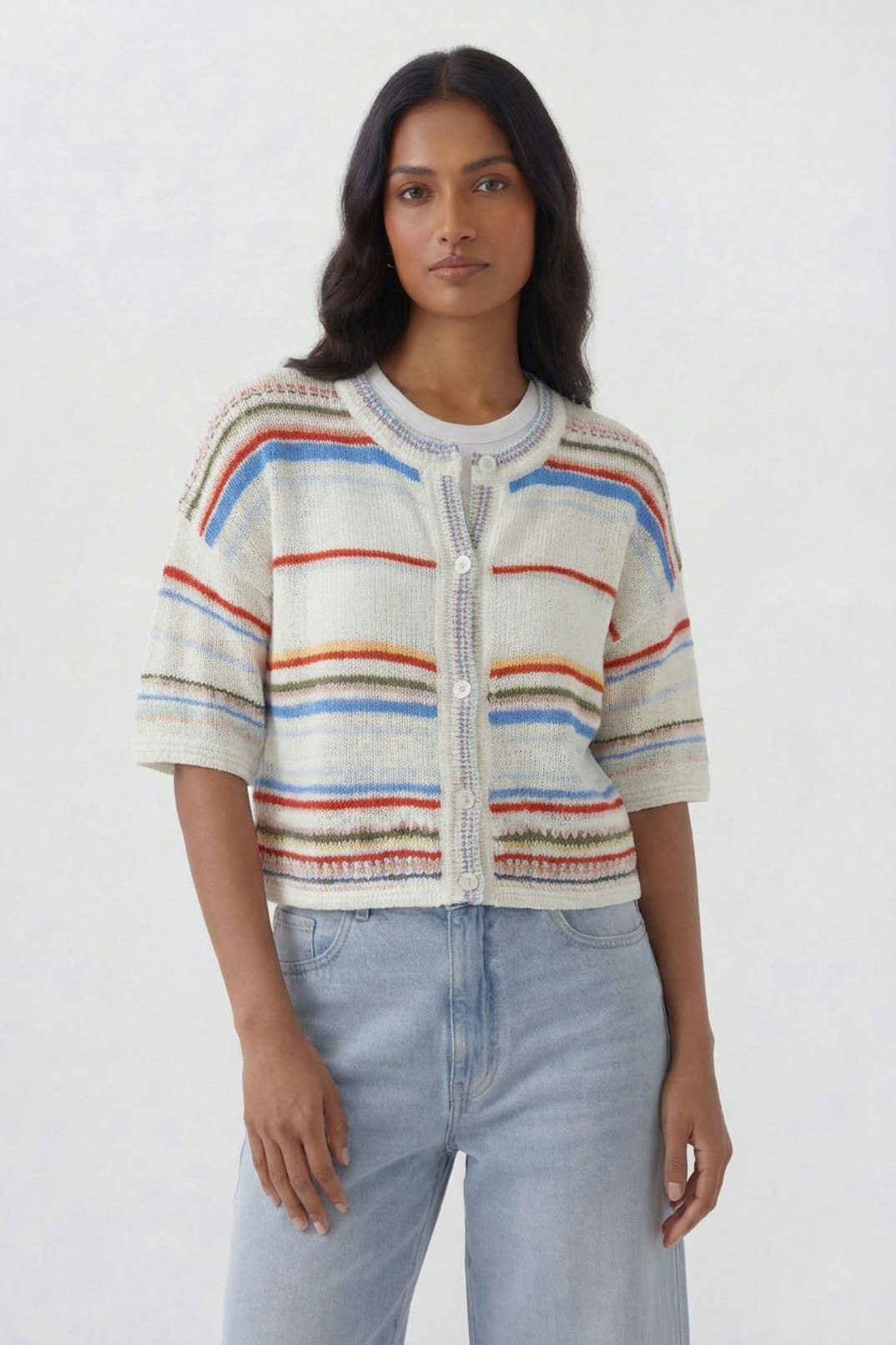 Oui Crochet Multi Stripe Sweater in White/Red available at Barbara Katz