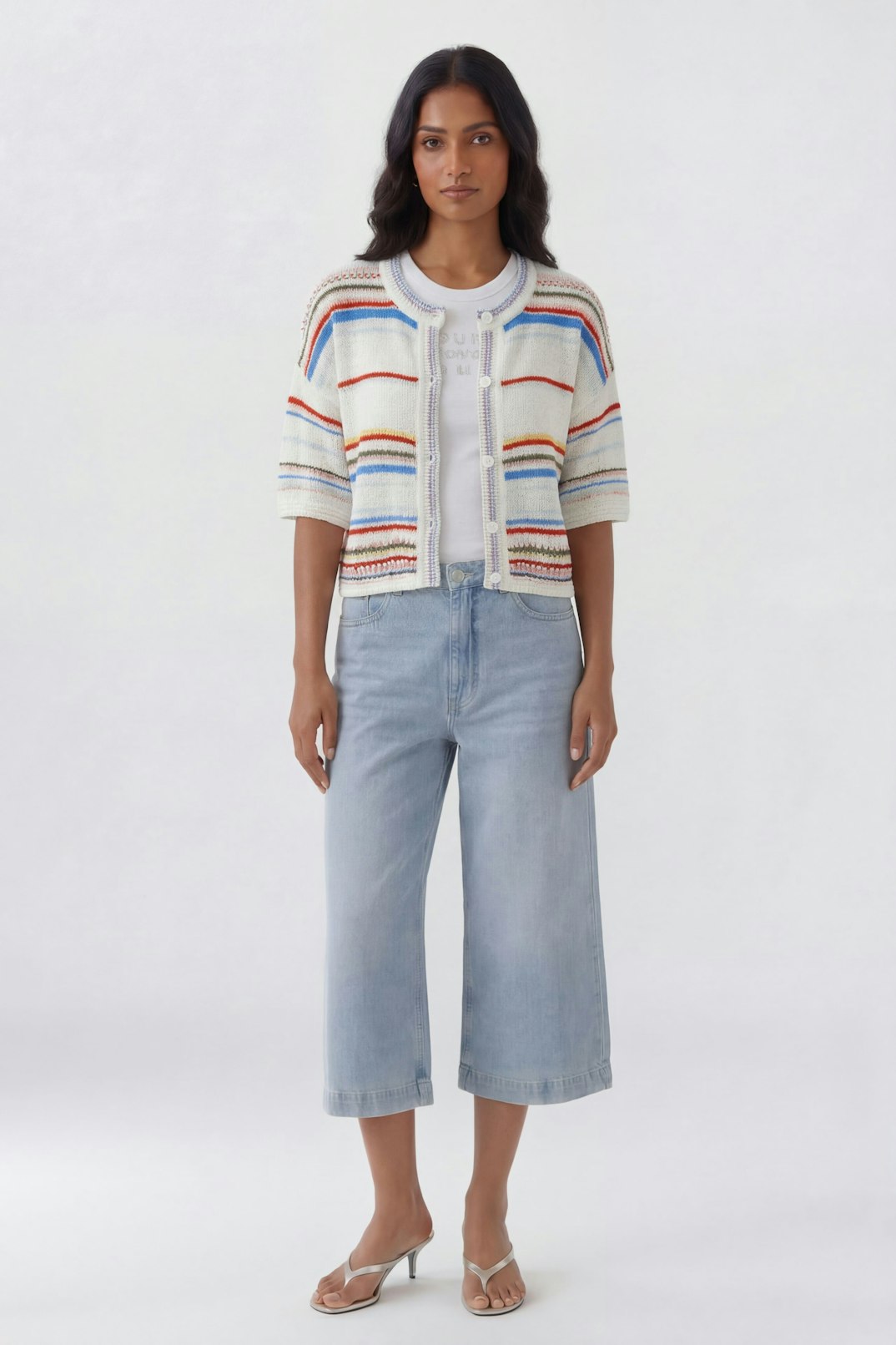 Oui Crochet Multi Stripe Sweater in White/Red available at Barbara Katz