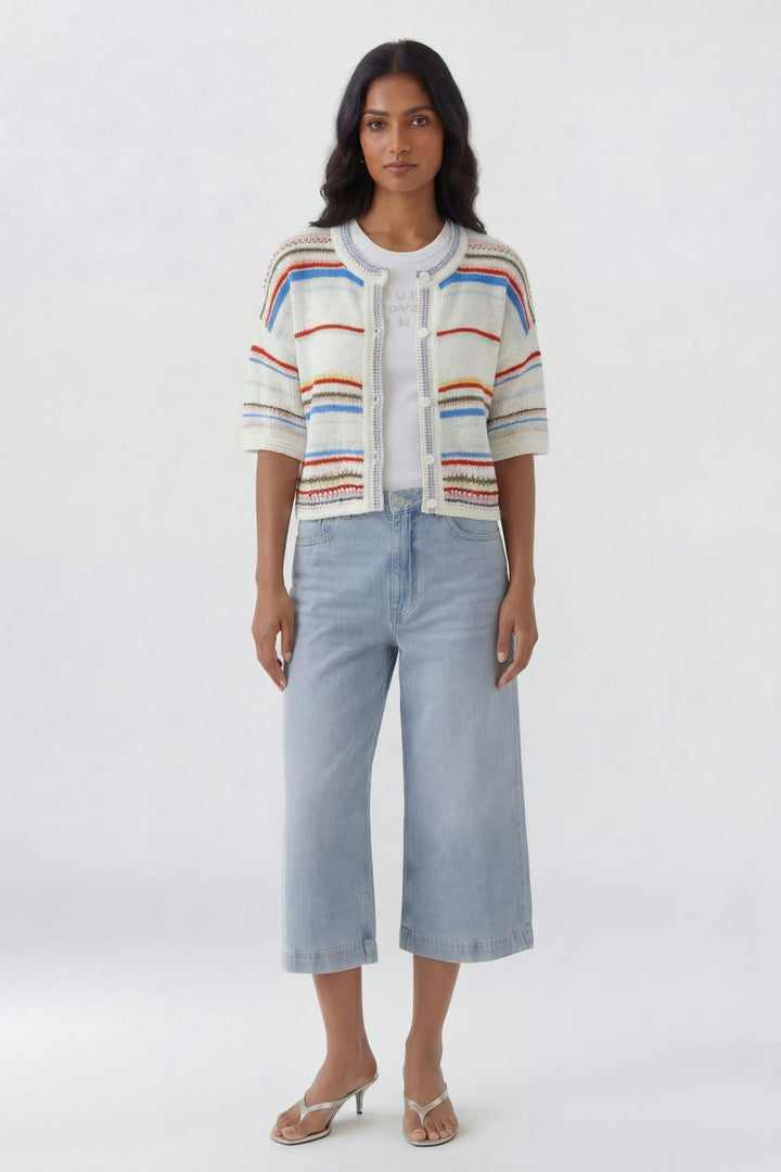 Oui Crochet Multi Stripe Sweater in White/Red available at Barbara Katz