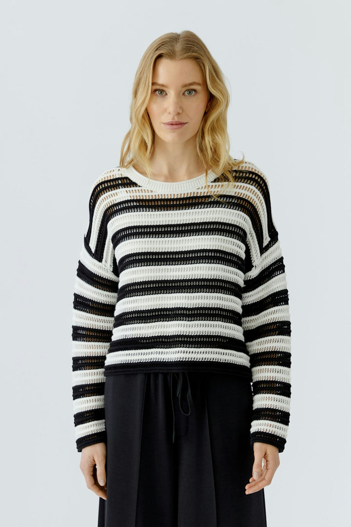 Oui Crochet Stripe Sweater in White/Black available at Barbara Katz