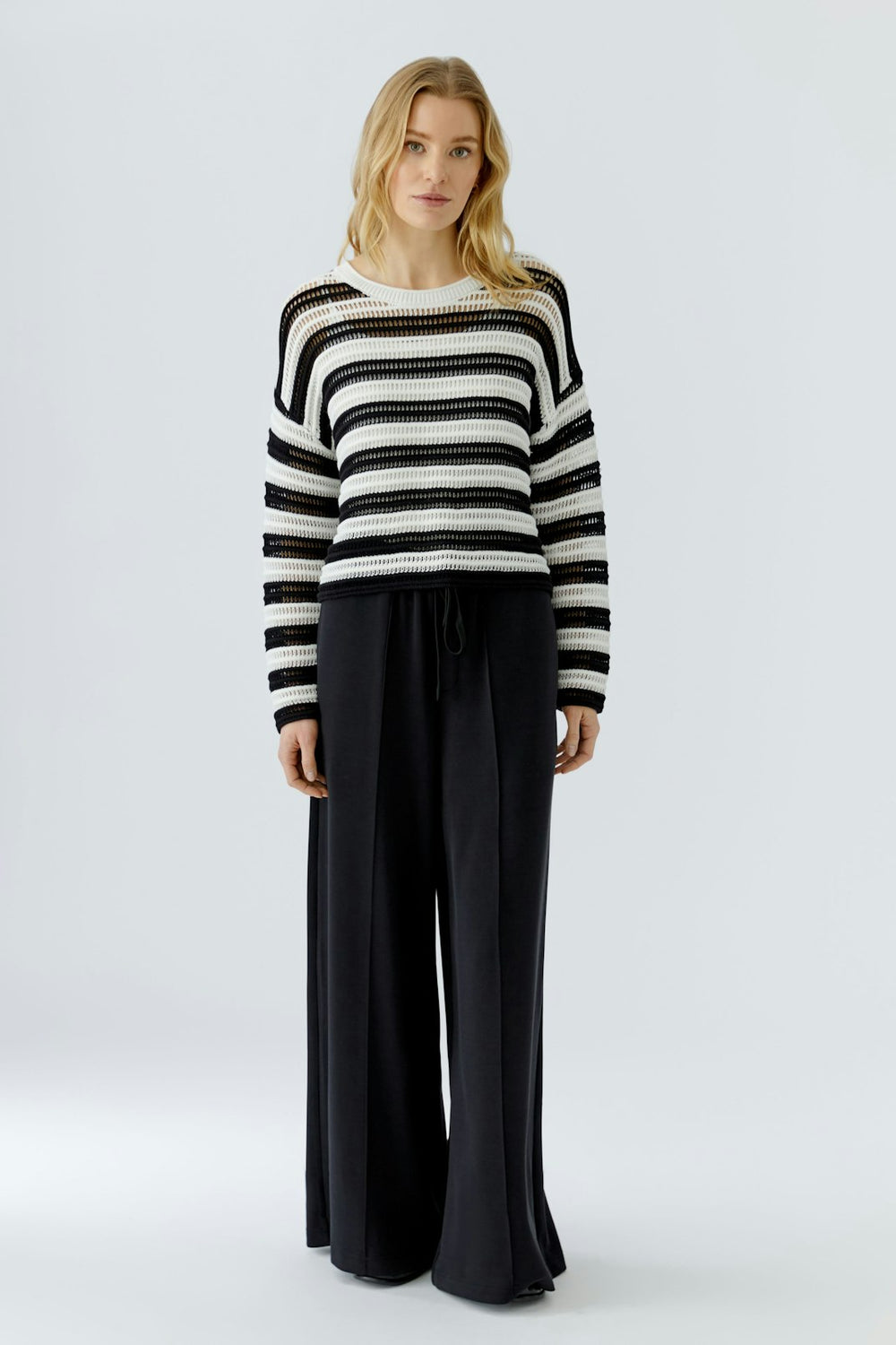 Oui Crochet Stripe Sweater in White/Black available at Barbara Katz