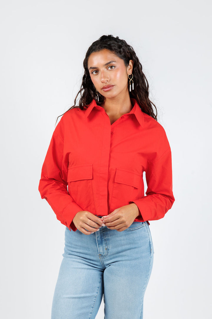 Oui Crop Boxy Blouse in Lipstick Red available at Barbara Katz