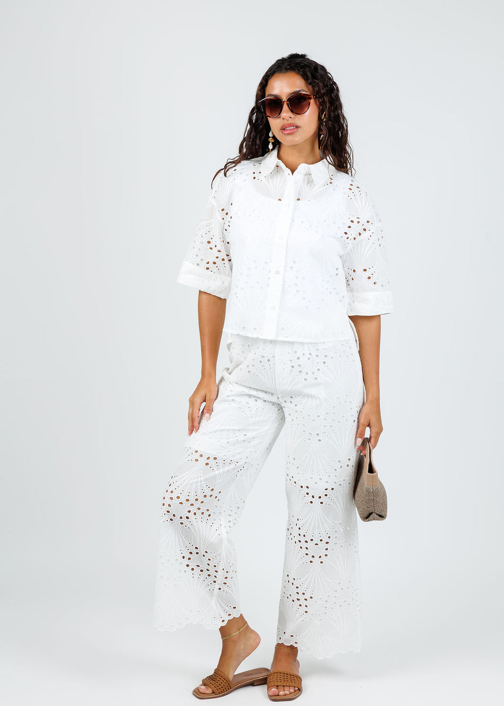 Oui Eyelet Pants in Cloud Dancer available at Barbara Katz