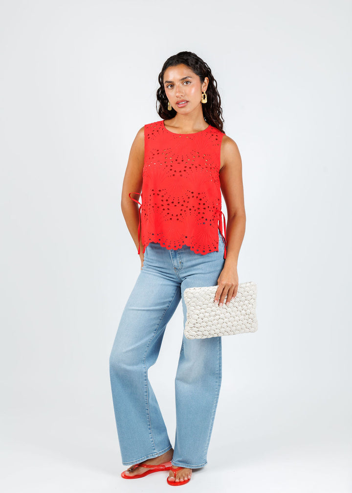 Oui Eyelet Sleeveless Top in Lipstick Red available at Barbara Katz