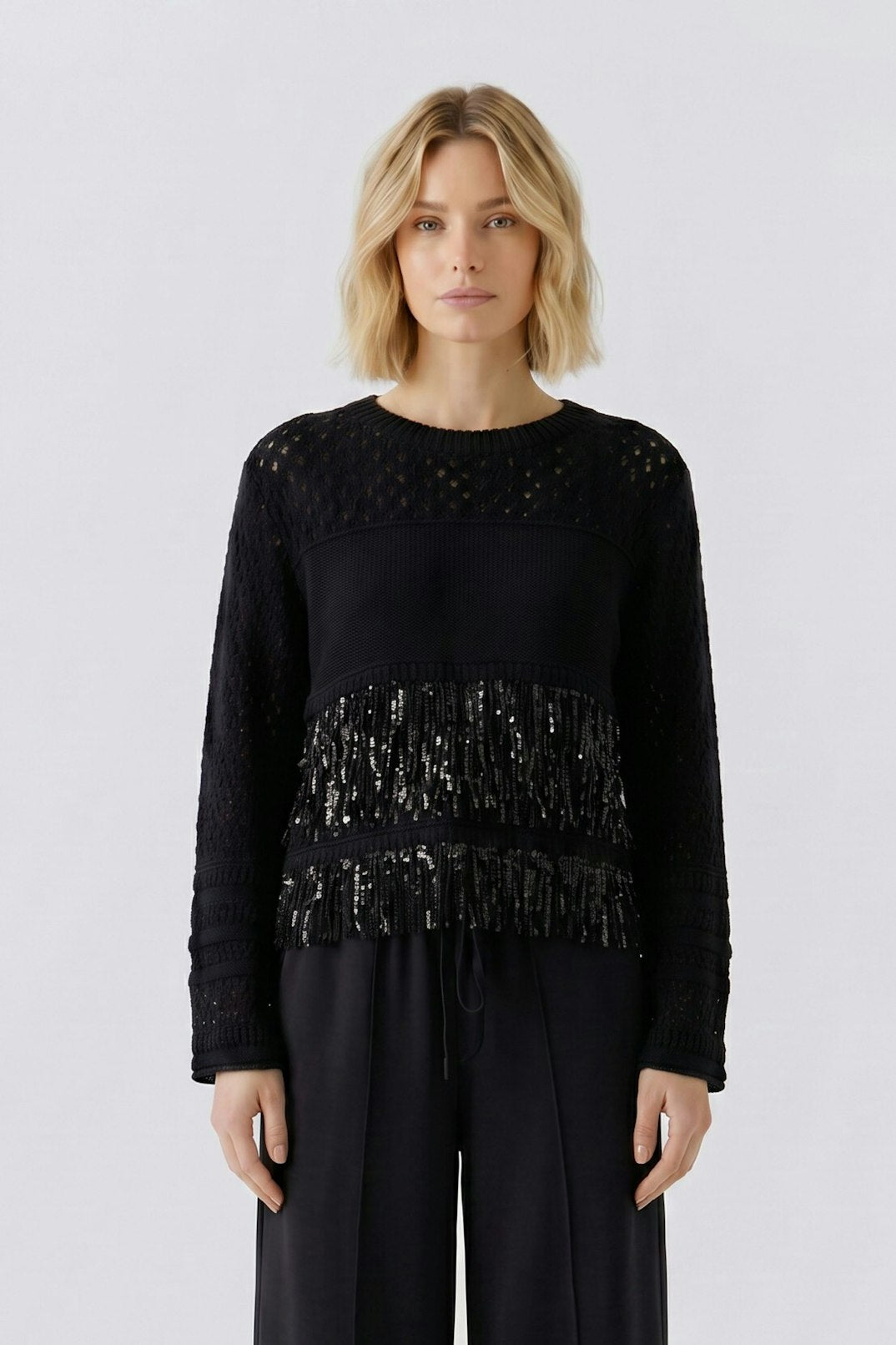Oui Fringe Sequin Sweater in Black available at Barbara Katz