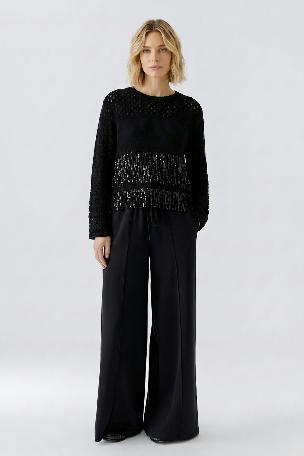 Oui Fringe Sequin Sweater in Black available at Barbara Katz