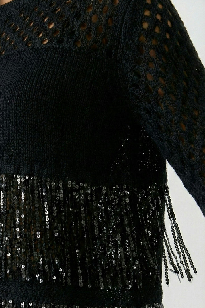 Oui Fringe Sequin Sweater in Black available at Barbara Katz