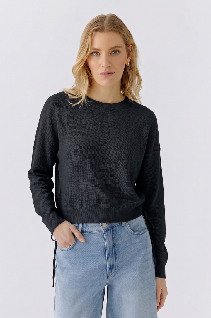 Oui Pullover Sweater With Ties in Black available at Barbara Katz