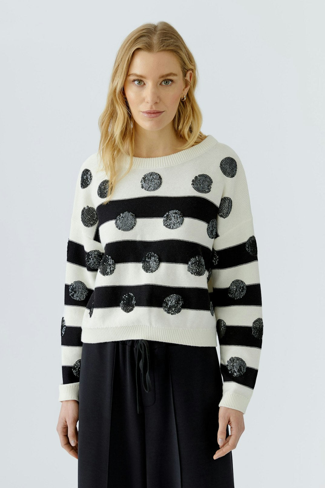 Oui Sequin Polka Dot &amp; Stripes Pullover Sweater in White/Black available at Barbara Katz