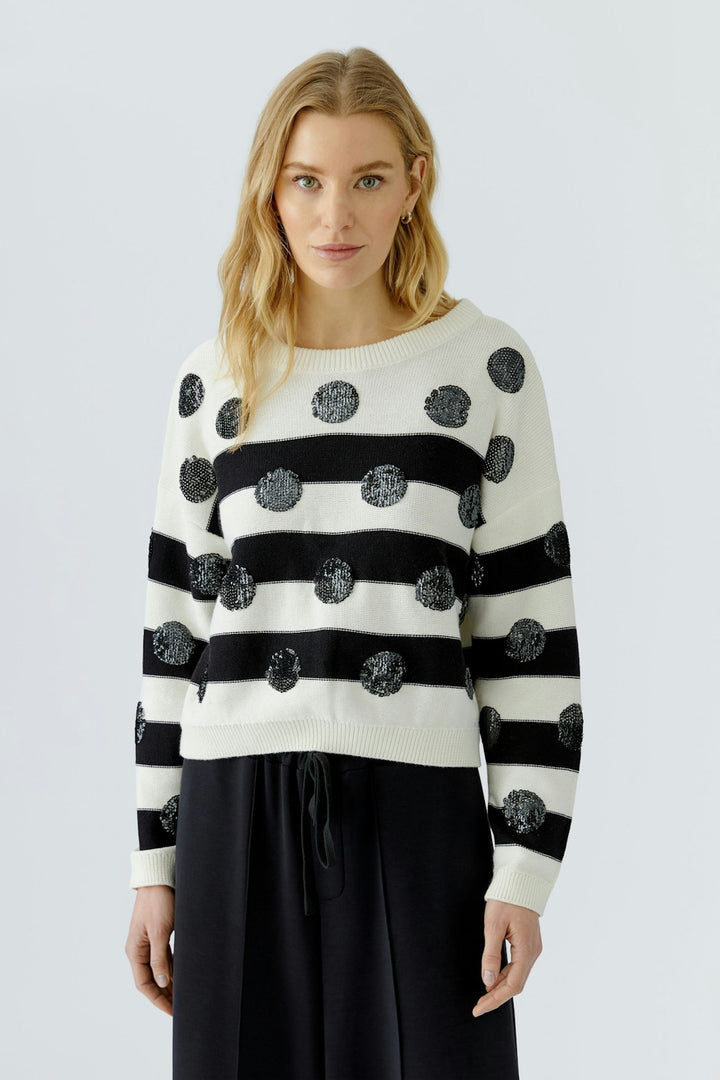 Oui Sequin Polka Dot &amp; Stripes Pullover Sweater in White/Black available at Barbara Katz
