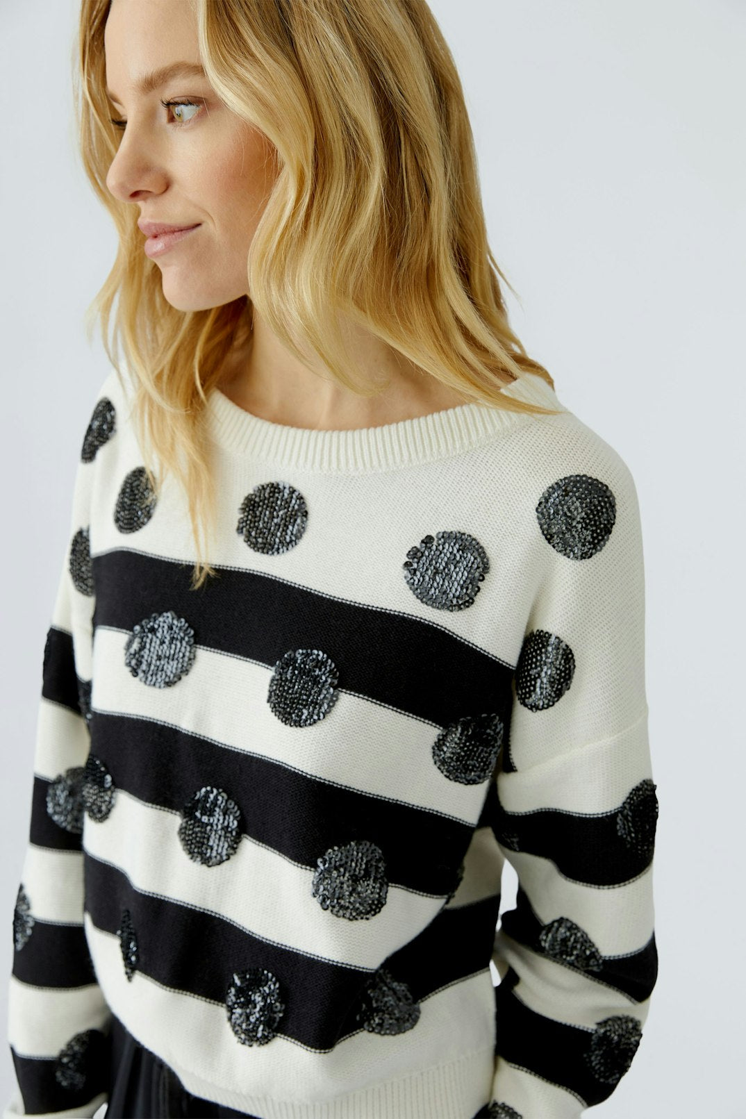 Oui Sequin Polka Dot &amp; Stripes Pullover Sweater in White/Black available at Barbara Katz