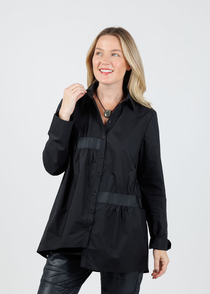 Ozai N Ku Enid Ruched Button-Down Shirt in Black available at Barbara Katz