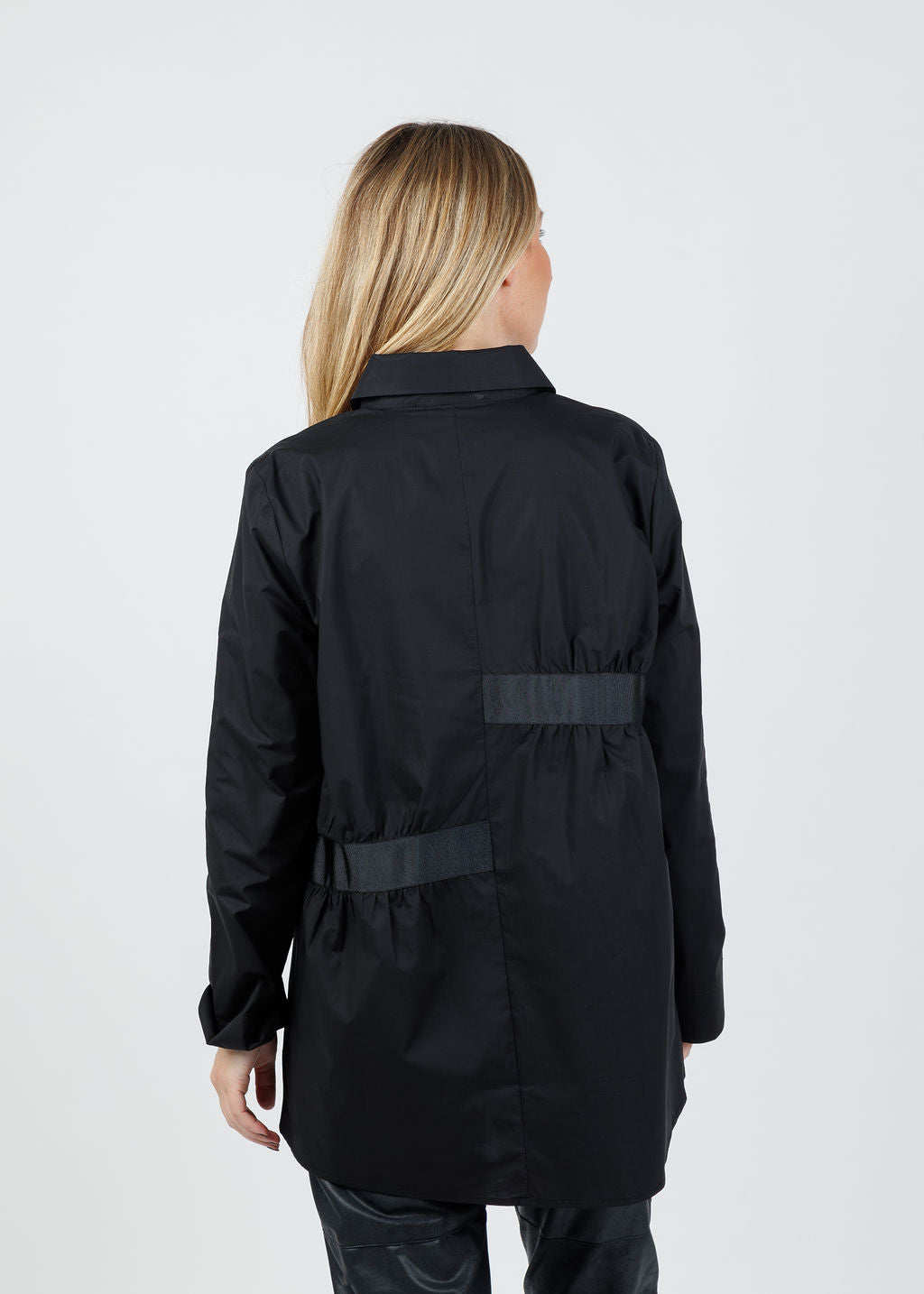 Ozai N Ku Enid Ruched Button-Down Shirt in Black available at Barbara Katz