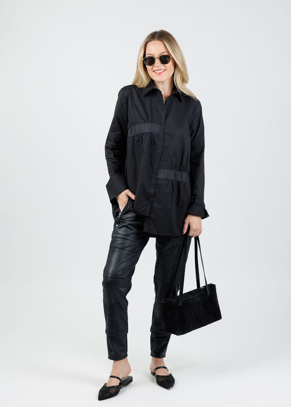 Ozai N Ku Enid Ruched Button-Down Shirt in Black available at Barbara Katz