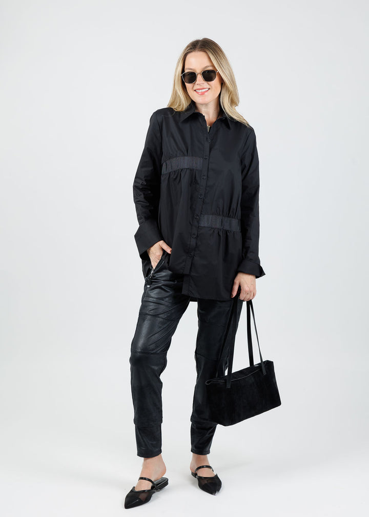 Ozai N Ku Enid Ruched Button-Down Shirt in Black available at Barbara Katz