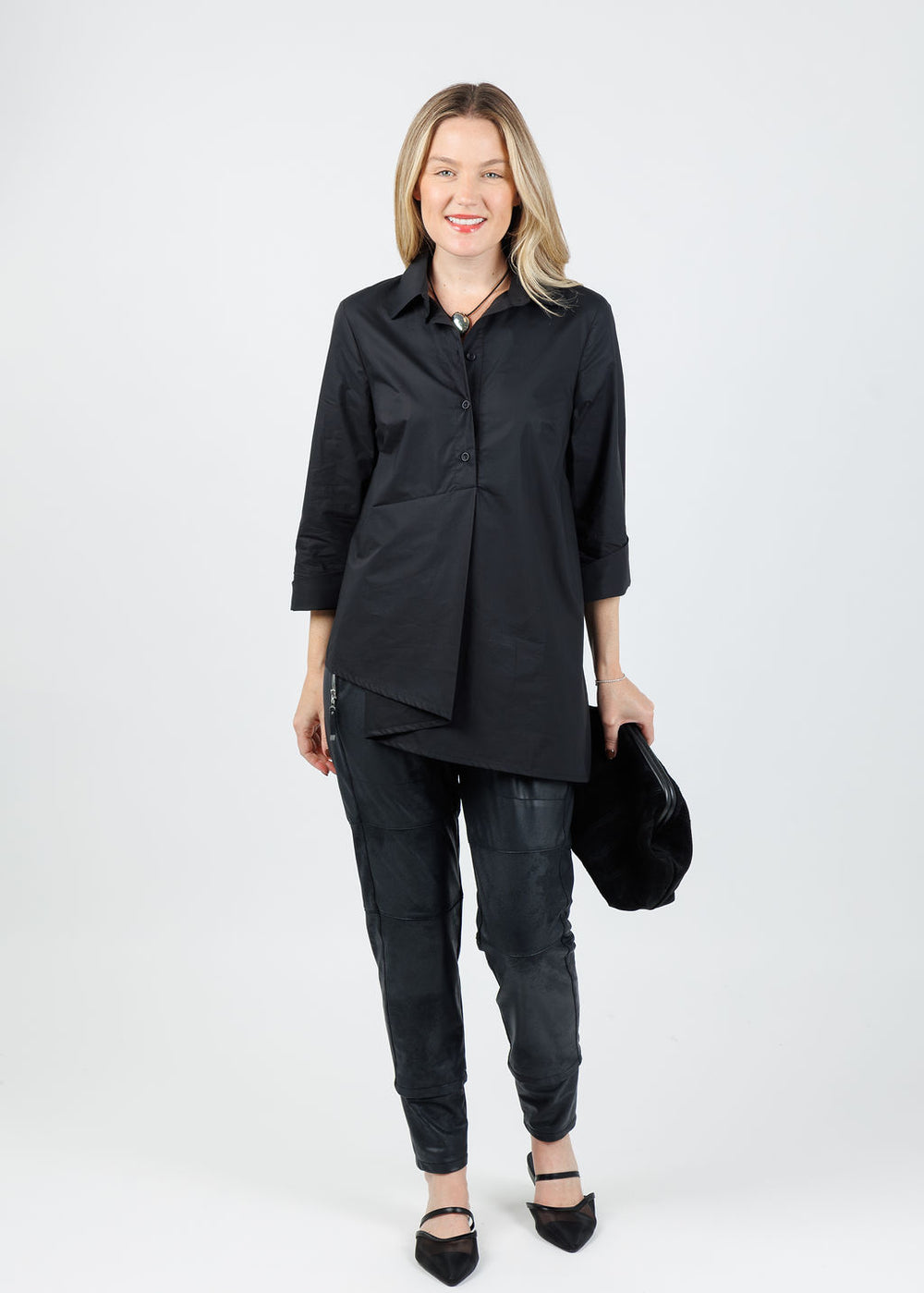 Ozai N Ku Asymmetrical Button-Down Shirt in Black available at Barbara Kat