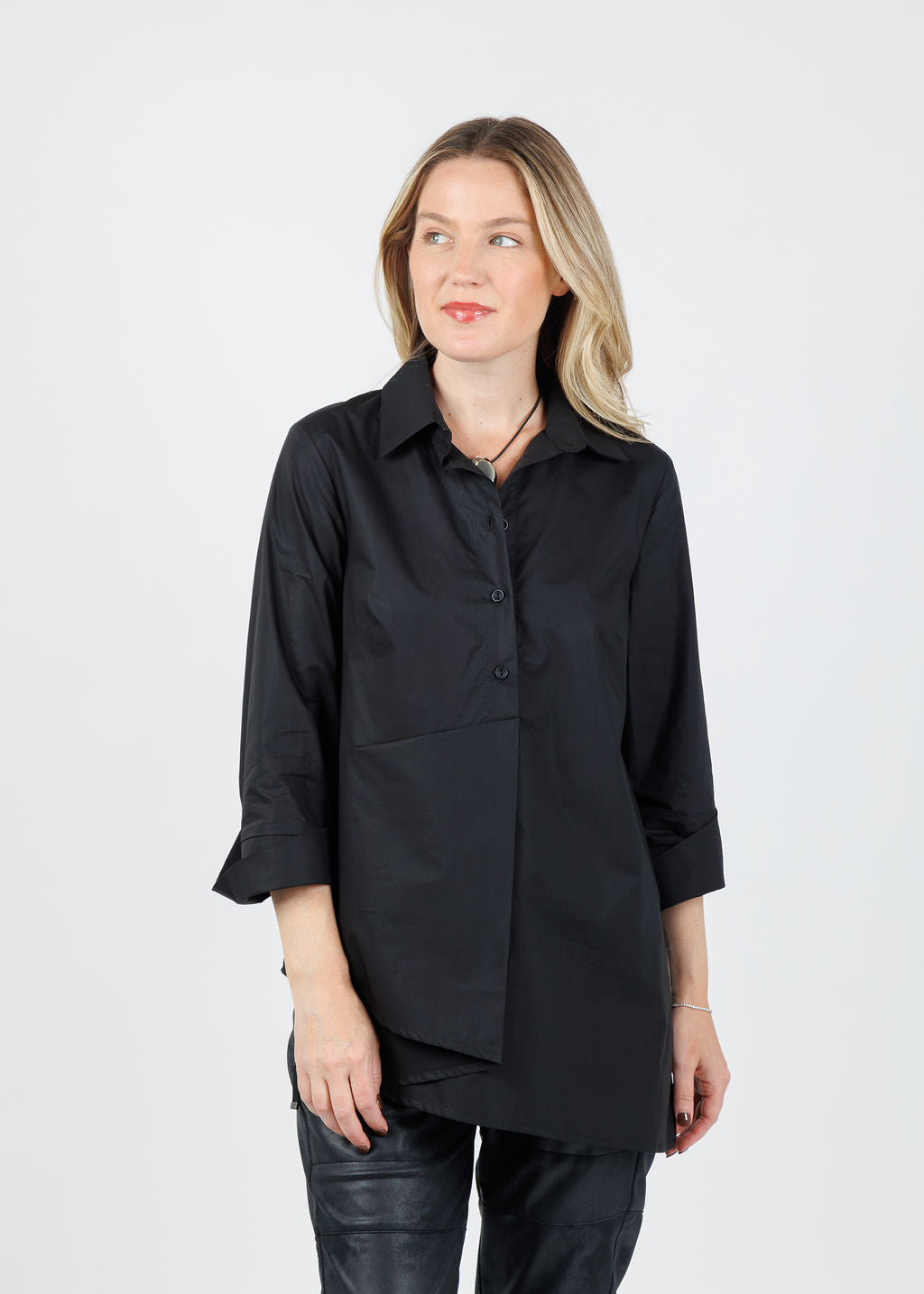 Ozai N Ku Asymmetrical Button-Down Shirt in Black available at Barbara Kat