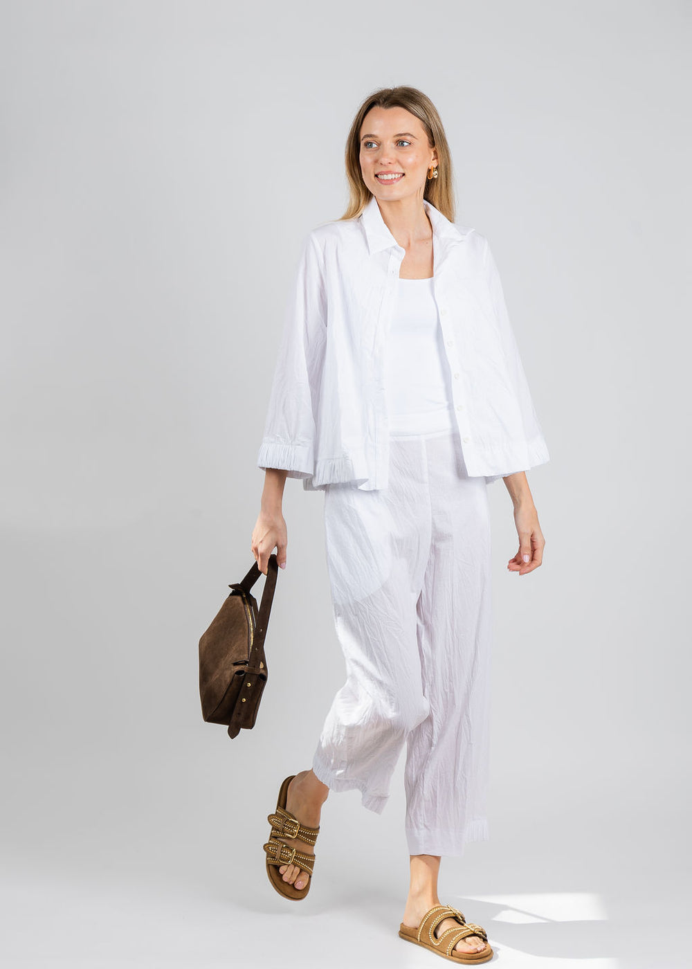 Ozai N Ku Button Down Blouse in White paired with matching Crop Pants in White available at Barbara Katz
